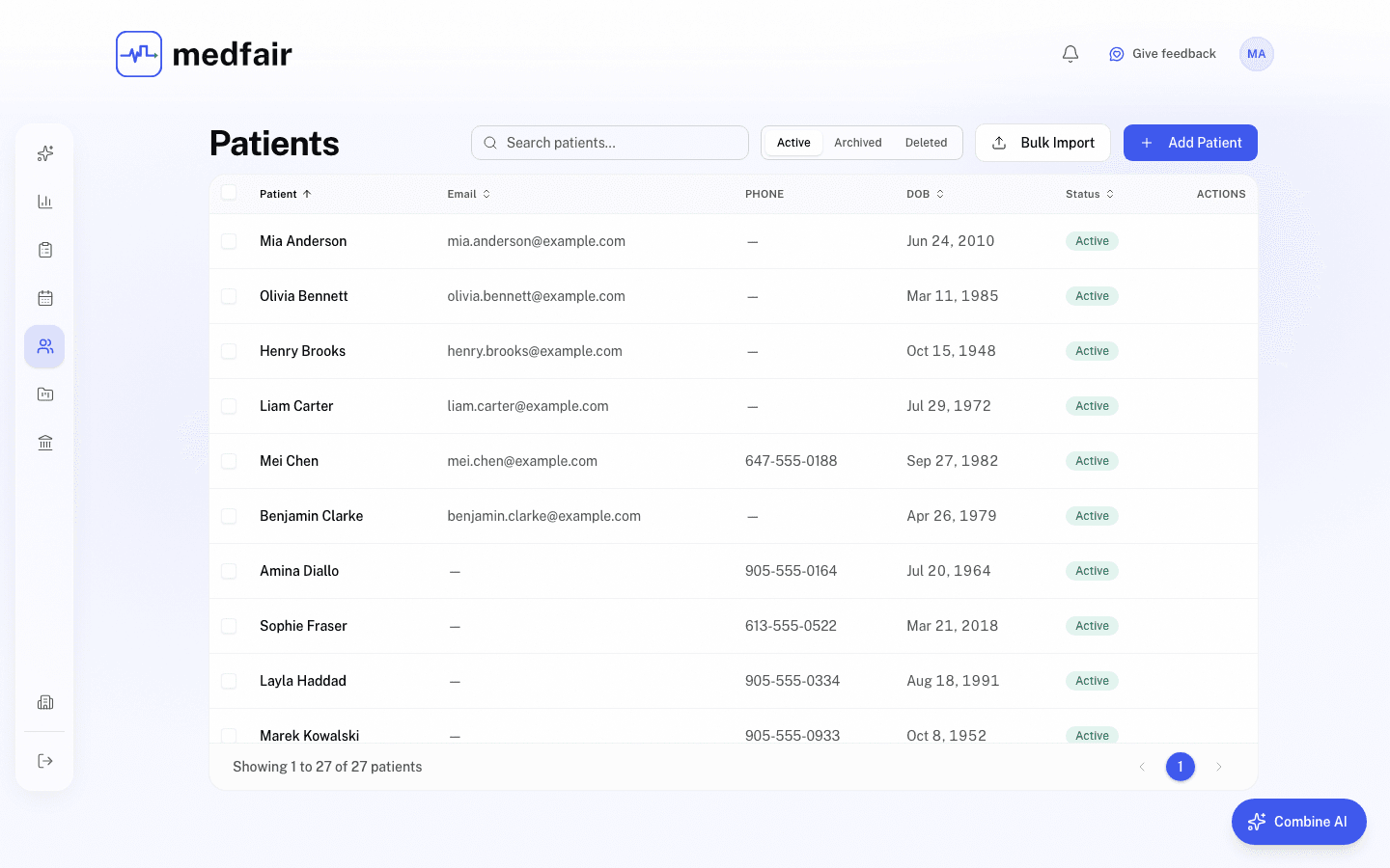The Medfair patient roster with search, bulk import and a sortable list of active patients.