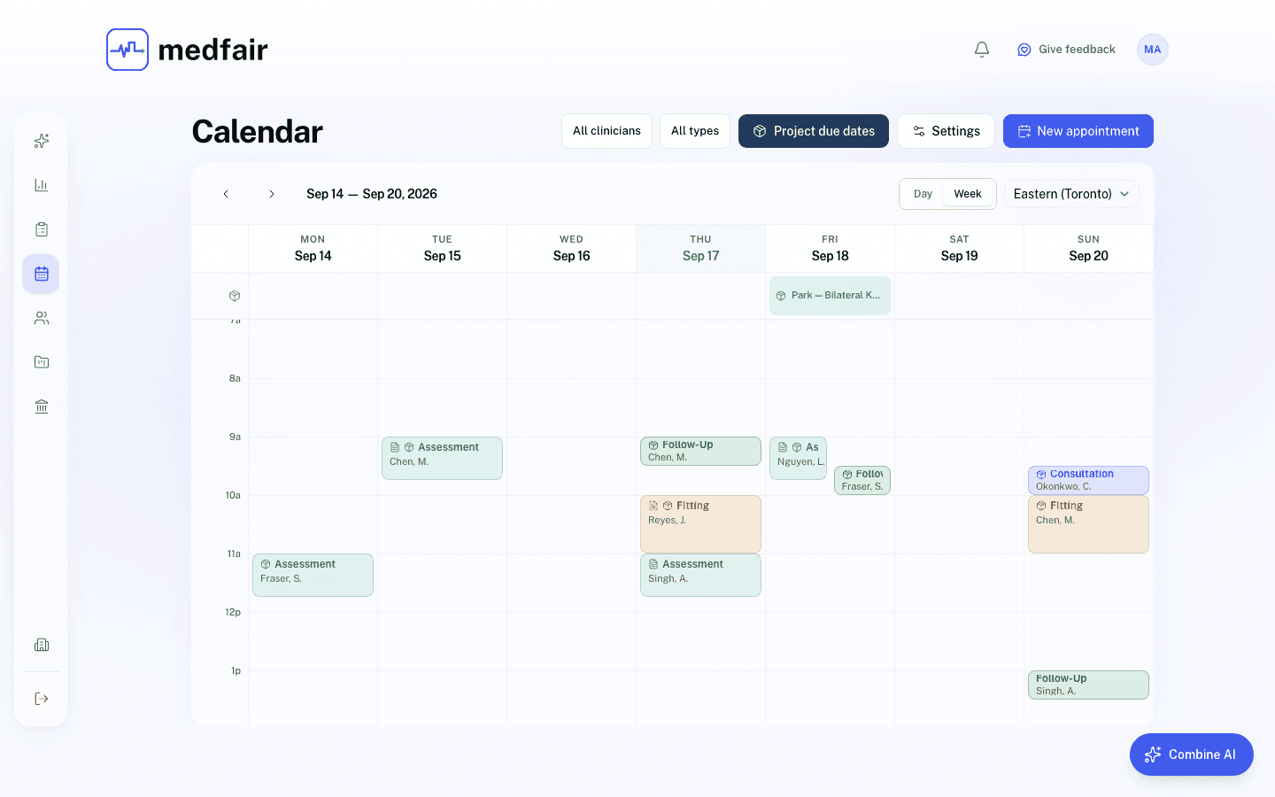 The Medfair clinic calendar in week view with the new appointment dialog open, ready to attach a patient, clinician and appointment type.